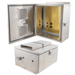 14x12x07 Stainless Steel Weatherproof Outdoor IP24 NEMA 3R Enclosure, Modified Base Drilled Mount Vented Lid